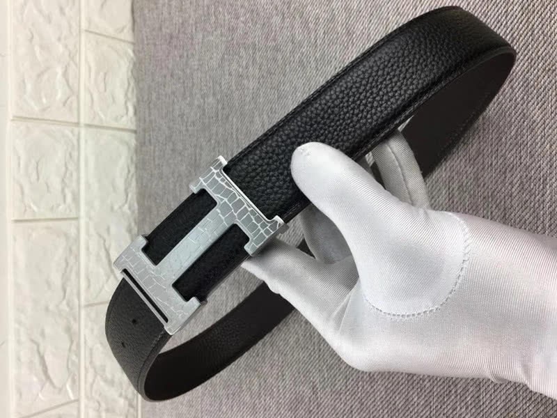 Hermes Silver H Belt Buckle & Reversible Leather Strap Black 1